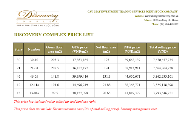 bang gia discovery complex 302 cau giay